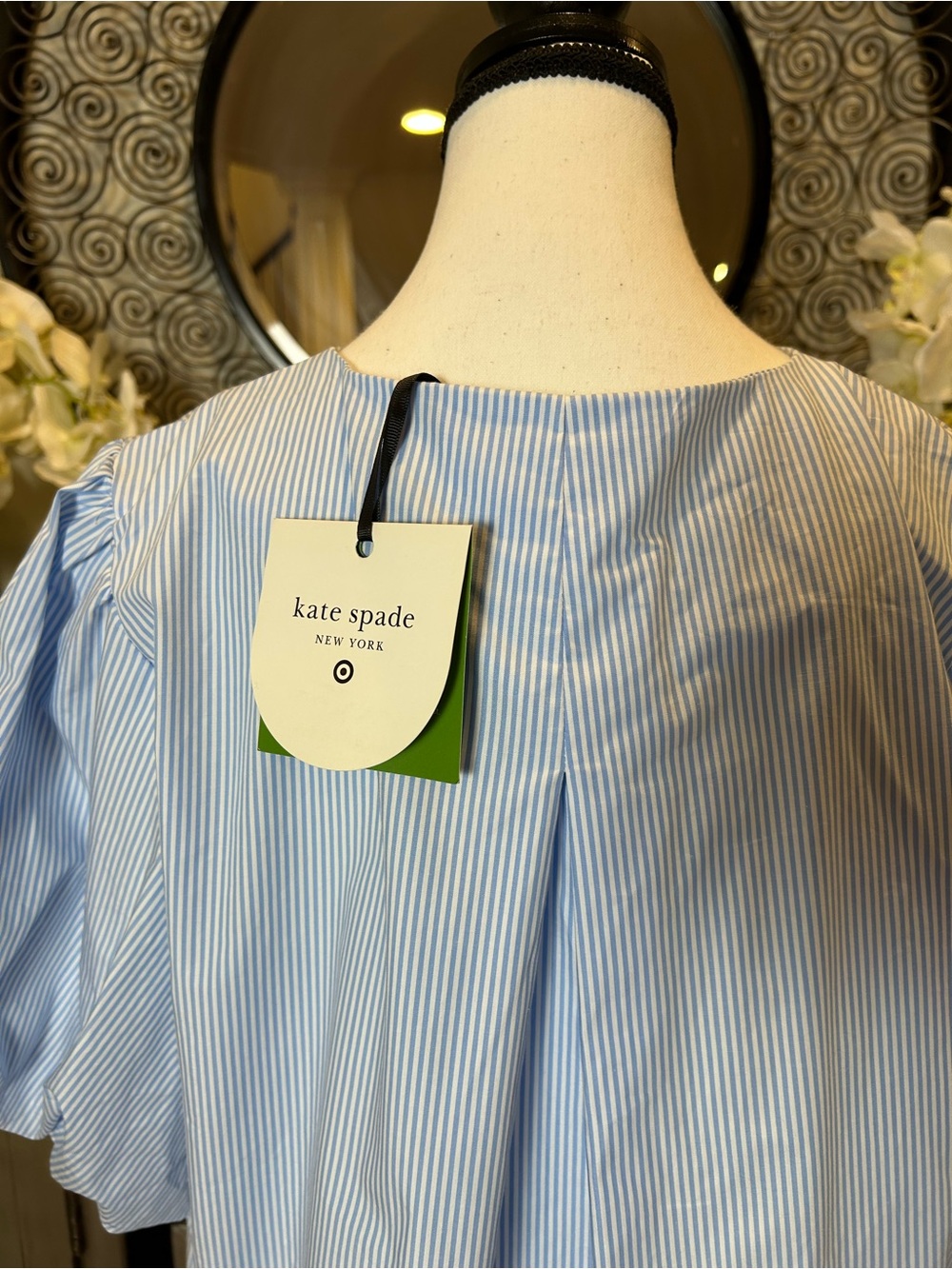 kate spade Blue and White Striped Bow-Front Puff Sleeve Blouse - Picture 5 of 12